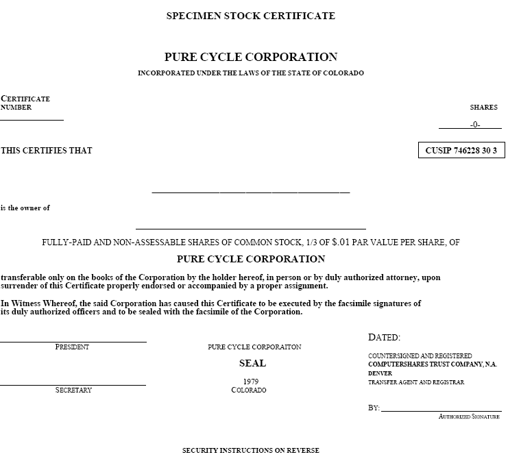 (PURE CYCLE STOCK CERTIFICATE)