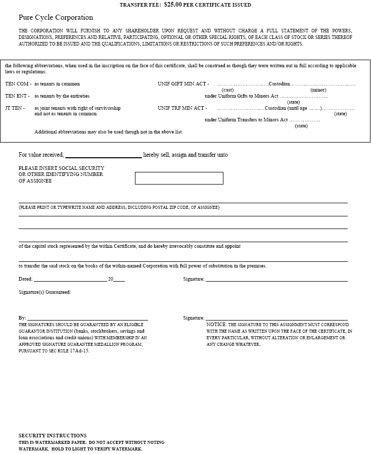 (PURE CYCLE STOCK CERTIFICATE)